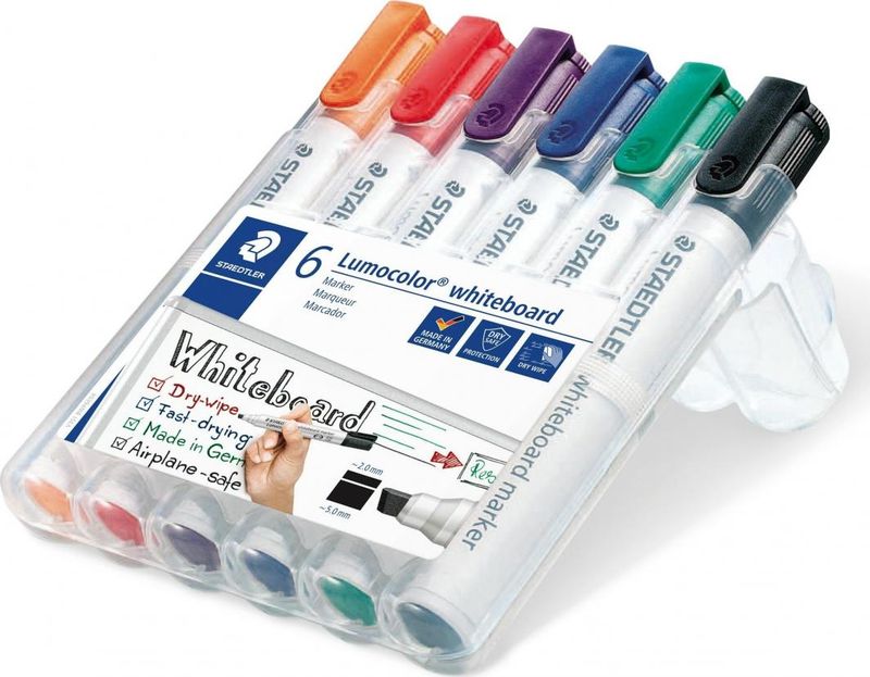 Marker për whiteboard Staedtler Lumocolor, set 6 copë, maja daltë, ngjyra të ndryshme