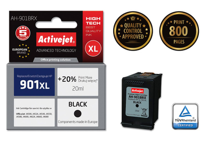 Ngjyrë për printer Activejet AH-901BRX (zëvendësim për HP 901XL CC654AE), 20 ml, e zezë