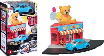 Set loje Bburago Street Fire City Toy Store, shkallë 1:43, me makinë Volkswagen Beetle brenda