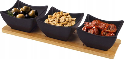 Set tasash për meze Orion, 3 pjesë porcelan, tabaka bambuje, të zinj