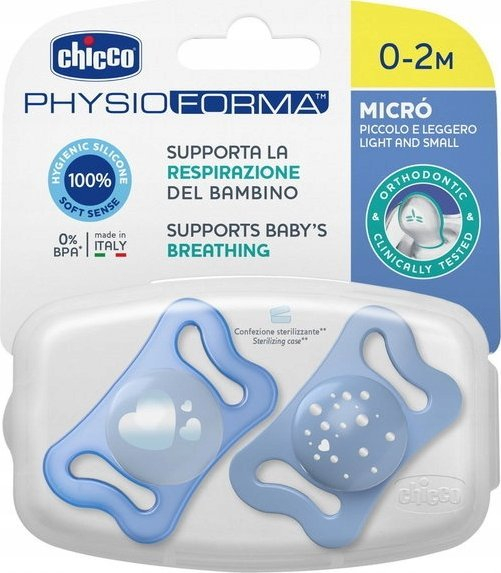 Set biberon Chicco Physio Micro 0-2m, silikon, 2 copë, i kaltër