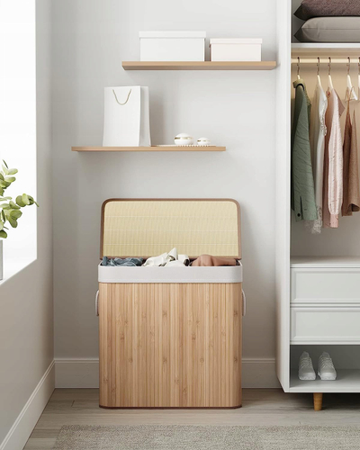 Koshi i rrobave LEOBERT Laundry Basket, me 3 ndarje, bambu, ngjyrë natyrale