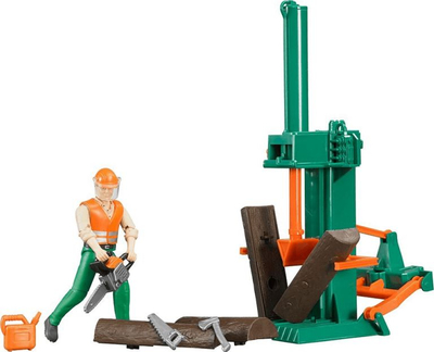 Lodër set pylltari Bruder Logging Set with Man, figurë punëtori, gjiro për prerje druri, shumëngjyrëshe
