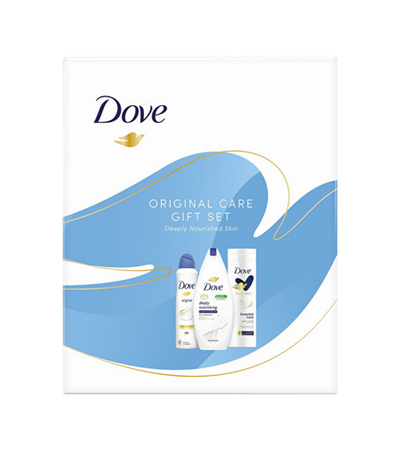 Set Dove- xhel dushi Deeply Nourishing 250 ml + losion trupi Essential Nourishment 250 ml +Spraj antidjersë Original 150 ml