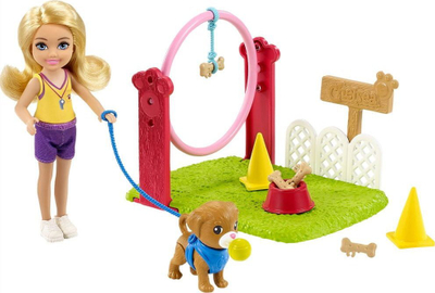 Set lodër Barbie Chelsea Dog Trainer, me kukull dhe qenush, shumëngjyrësh