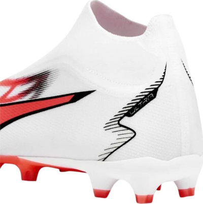 Këpucë futbolli Puma Ultra Match+ LL FG/AG 107511 01, pa lidhëse, për burra, të bardha me të kuqe