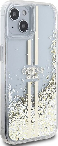 Mbulesë telefoni Guess Liquid Glitter Stripes për iPhone 15, 14, 13 6.1", transparente me grimca të arta