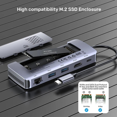 USB-C HUB Unitek 6 во 1, M.2 SSD куќиште, HDMI, PD 100W, сив