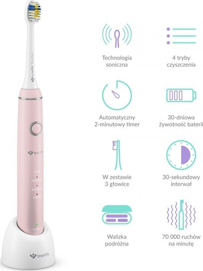 Furçë dhëmbësh sonike TrueLife SonicBrush Compact, me bateri që rimbushet, me kuti udhëtimi, rozë