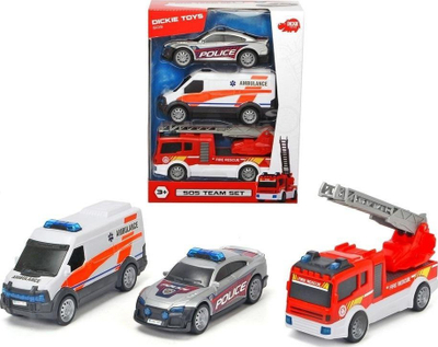 Set lodrash shpëtimi Dickie Toys SOS Team, 3 makina, me dritë dhe zë, shumëngjyrësh