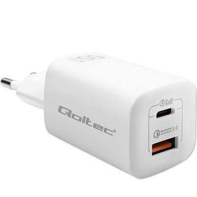 Karikues muri Qoltec GaN Ultra 65W, USB C PD, USB QC 3.0, i bardhë