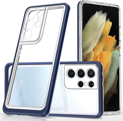 Mbulesë telefoni 3n1 për Samsung Galaxy S21 Ultra 5G, transparente me kornizë blu