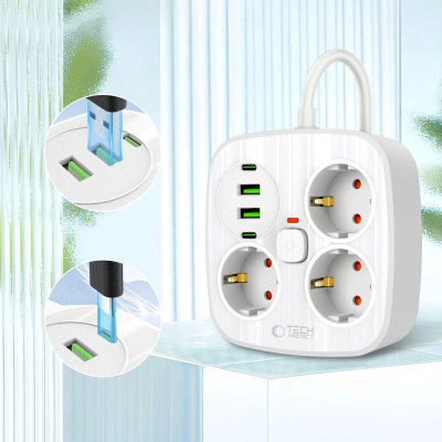 Продолжен приклучок Tech-Protect PCS3X4, 3 излези, 2xUSB-A 2xUSB-C, кабел 2m, бела