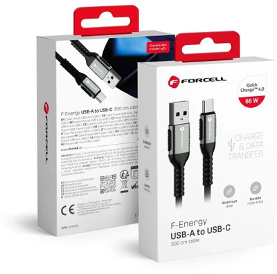 Кабел за полнење Forcell F-energy C256, USB A во USB C, 3 m, 66W 3A, црн