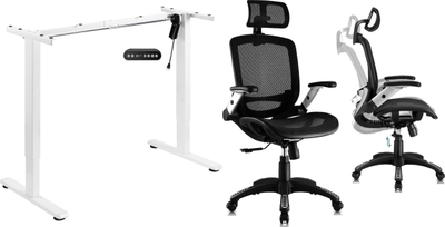 Set tavoline me karrige zyre Mozos Ergo C, skelet tavoline me ngritje elektrike të lartësisë, karrige ergonomike, e bardhë me të zezë