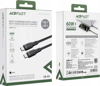 Kabllo USB-C në USB-C Acefast C8-03, 60W 3A, 1.2m, e zezë