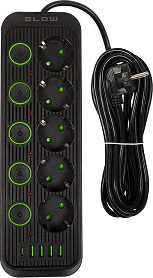 Shtrirëse rryme Blow PS-550S, 5 presa, 4x USB 1x USB C, 5 m, e zezë