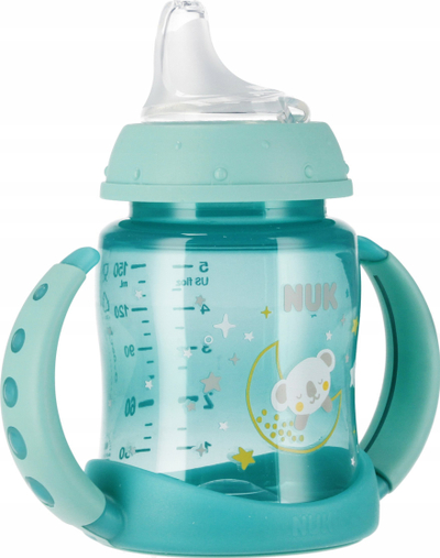 Шише Нук Фирст Најт, 150 ml, со рачки, тиркизна што свети во темнина