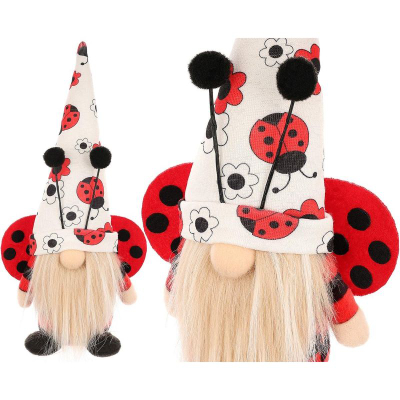 Figurinë dekorative Saska Gift and Decor Gnome Ladybug, 24cm, pranverë Pashkë, e kuqe e bardhë