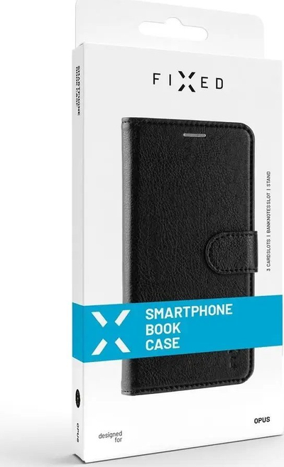Këllëf librë FIXED Opus për iPhone 14, me këmbë për stand, me xhep për karta, i zi