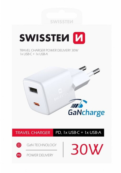 Karikues SWISSTEN GaN, USB-A, USB-C, PD, QC, 30W, i bardhë