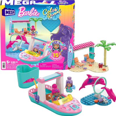 Set lojrash Mattel MEGA Barbie Color Reveal Dolphin Exploration, efekt ndërrimi ngjyre, me delfinë, shumëngjyrësh