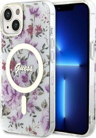 Maskë telefoni Guess Flower MagSafe për iPhone 14, transparente, me lule