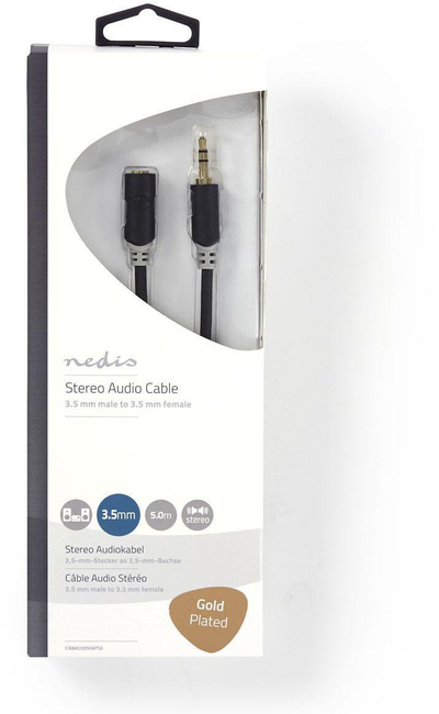 Kabllo audio stereo Nedis, 3.5 mm mashkull në 3.5 mm femër, 5 m, ngjyrë antracit