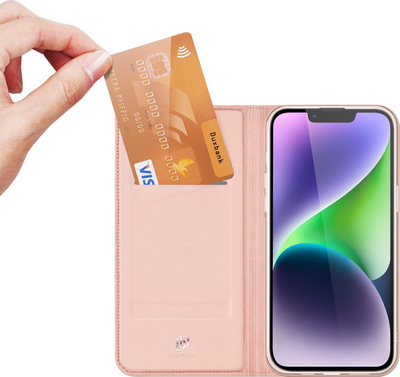 Këllëf telefoni Dux Ducis Luxury, për iPhone 15, tip portofol me xhep kartash, rozë