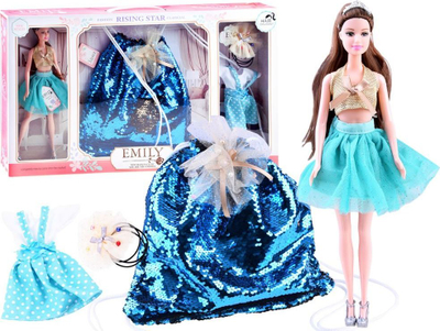 Kukull Emily ZA3542, 31cm, me çantë shpine dhe fustan rezervë, blu