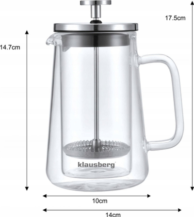 French press Klausberg, 350 ml, trup xhami, filtër inox, transparent