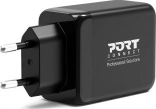 Полнач за ѕид Port Designs 900106 EU, 65W GaN, USB C PD и USB A QC, црн