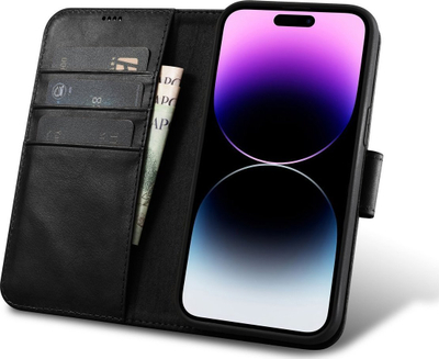 Këllëf-portofol iCarer Oil Wax për iPhone 14 Pro, lëkurë e vërtetë, me mbyllje magnet, i zi