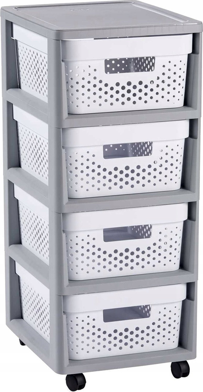 Komodinë plastike Curver Infinity Openwork Shelf, 4 sirtarë nga 10L, gri me të bardhë