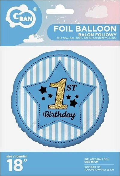 Balon heliumi Godan 1st Birthday, foil, 45cm, blu