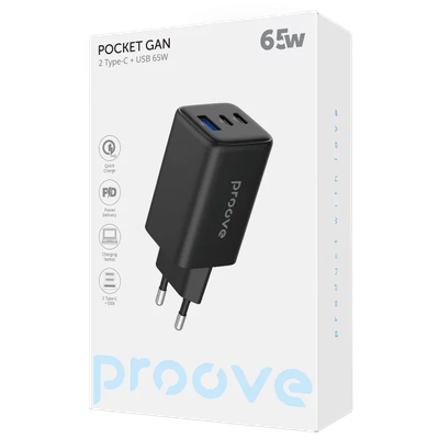 Karikues muri Proove Pocket, 65W, me 2×Type-C dhe USB, i zi