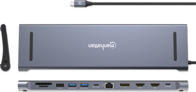 Dock USB C Manhattan 12 në 1, 3x 4K, Power Delivery 100W, gri