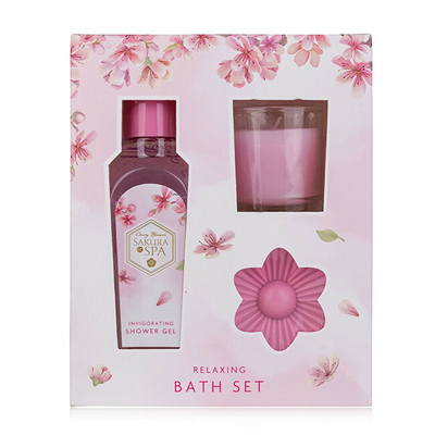 Set për banjë Accentra Sakura Spa, Xhel dushi me aromën e luleve të qershisë 110 ml + sapun i ngurtë 15 g + qiri aromatik.