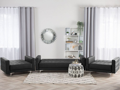 Set dhome dite modern 3 pjesë, lëkurë sintetike, divan 3 vendesh me shtrat, i zi