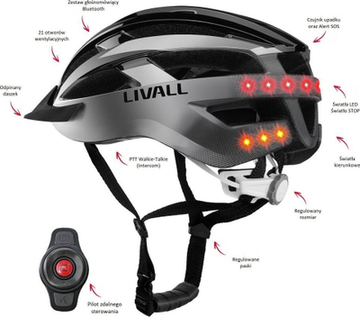 Helmet biçiklete e zgjuar Livall MT1, Bluetooth, me drita LED, gri me të zezë