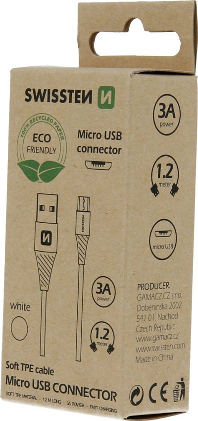 Кабел USB Swissten, USB во Micro USB, 1.2 m, 3A, бел