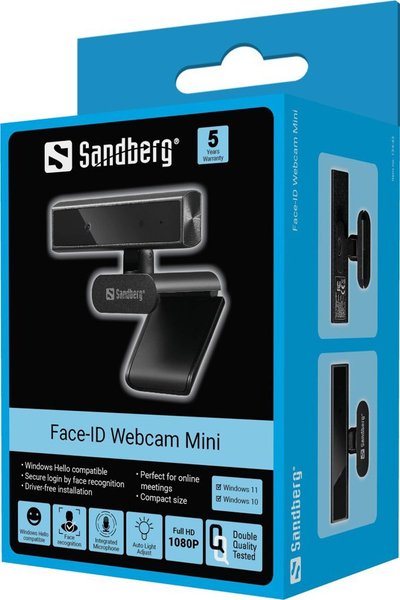 Веб-камера Sandberg Face-ID Webcam Mini, Full HD 1080p, со микрофон, црна