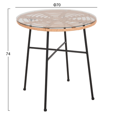 Tavolinë ngrënieje e rrumbullakët Allegra HM5535.11, diametër 70cm, xham i temperuar, metal i zi dhe ratan natyral
