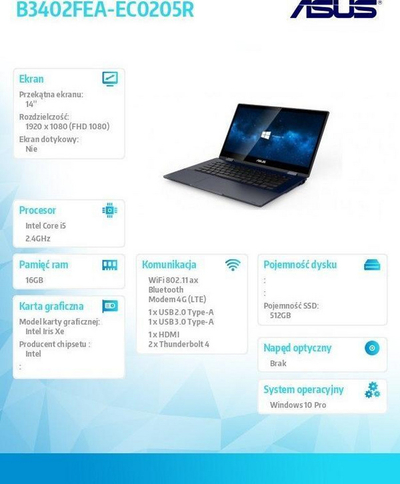 Laptop Asus ExpertBook B3 Flip B3402FEA (B3402FEA-EC0056RA), i5-1135G7, 16GB RAM, 512GB SSD, Windows 10 Pro, i zi