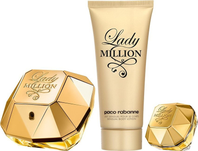 Set parfumesh Paco Rabanne Lady Million, 80 ml EDP, 100 ml krem trupi, ngjyrë ari