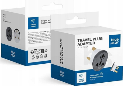 Adapter udhëtimi Blue Star GO TO UK, Type G, 13A, i bardhë