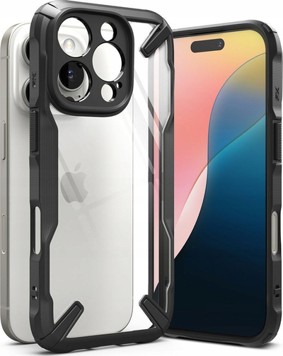Kuti mbrojtëse Ringke Fusion X për iPhone 16 Pro, mbrapa e tejdukshme, kornizë e fortë, e zezë