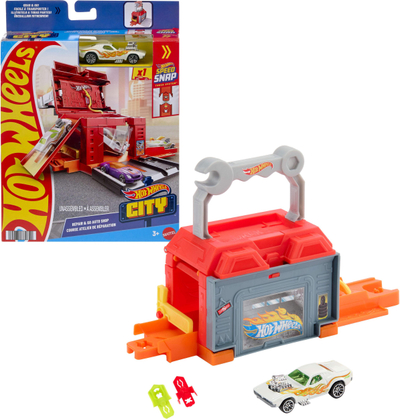 Set loje Hot Wheels Fold &amp; Go, pistë garash me makinë, shumëngjyrësh