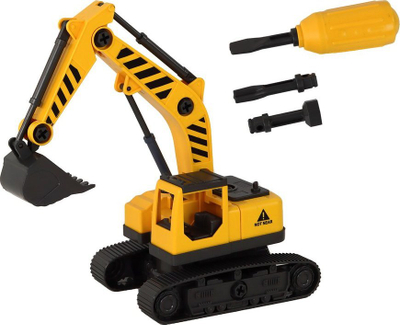 Lodër ndërtimi Lean Toys Vehicle For Assembly 17197, kamion me vinç edhe eskavator, me drita edhe zëra, e verdhë
