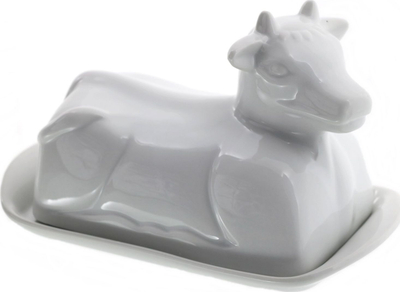Kuti gjalpi porcelani, formë lope, me kapak, e bardhë